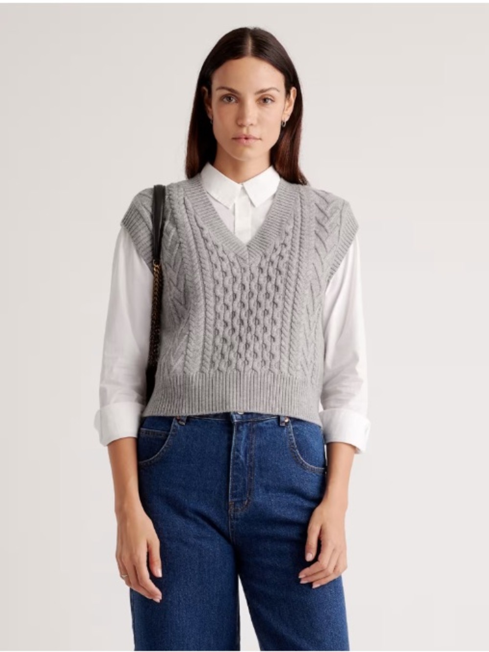 Quince Gray Merino Cable-Knit V-Neck Sweater Vest